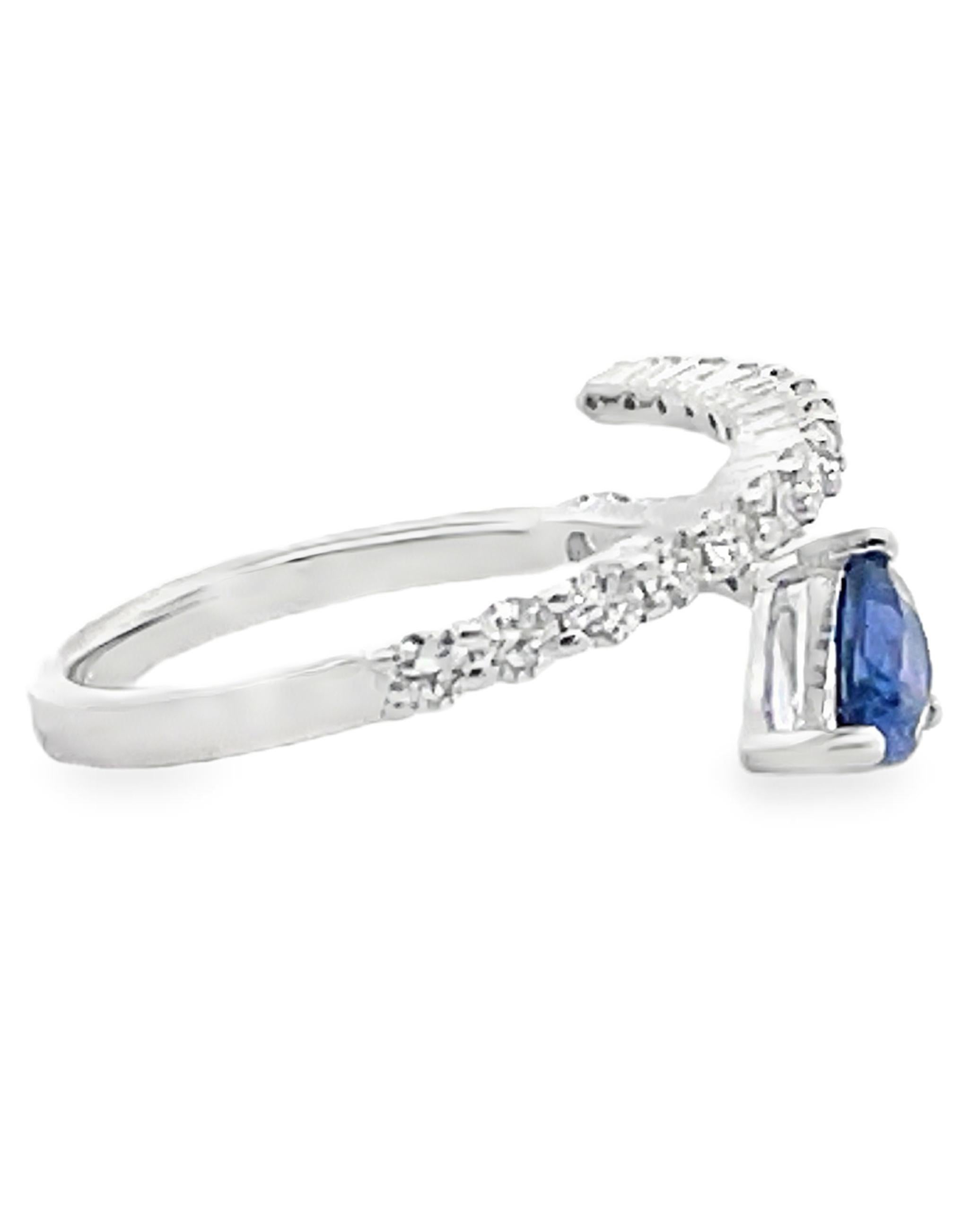 Moderner Bypass-Ring mit birnenförmigem blauem Saphir aus 14K Weißgold mit Diamanten Damen im Angebot