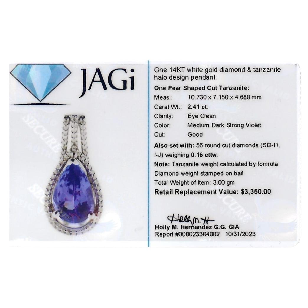 Pear Shaped Blue Tanzanite Pendant with Diamond Halo Set in 14 Karat White Gold For Sale 4