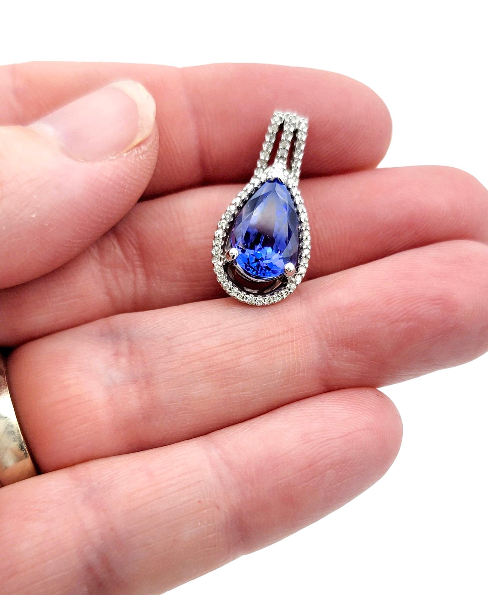 Pear Shaped Blue Tanzanite Pendant with Diamond Halo Set in 14 Karat White Gold For Sale 2