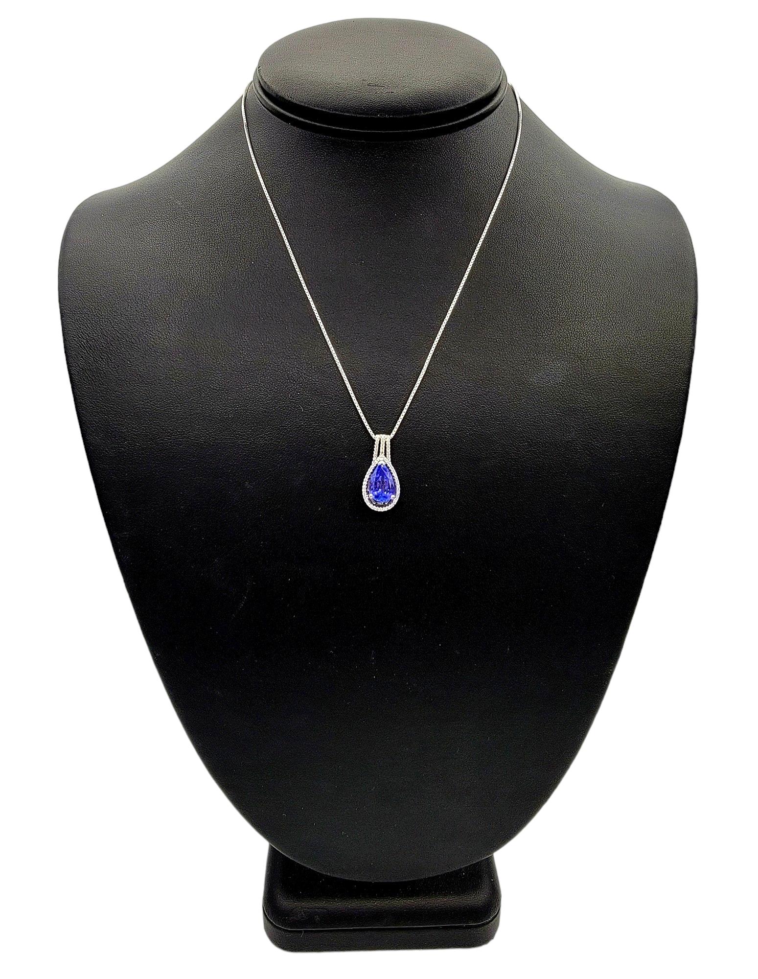 Pear Shaped Blue Tanzanite Pendant with Diamond Halo Set in 14 Karat White Gold For Sale 3