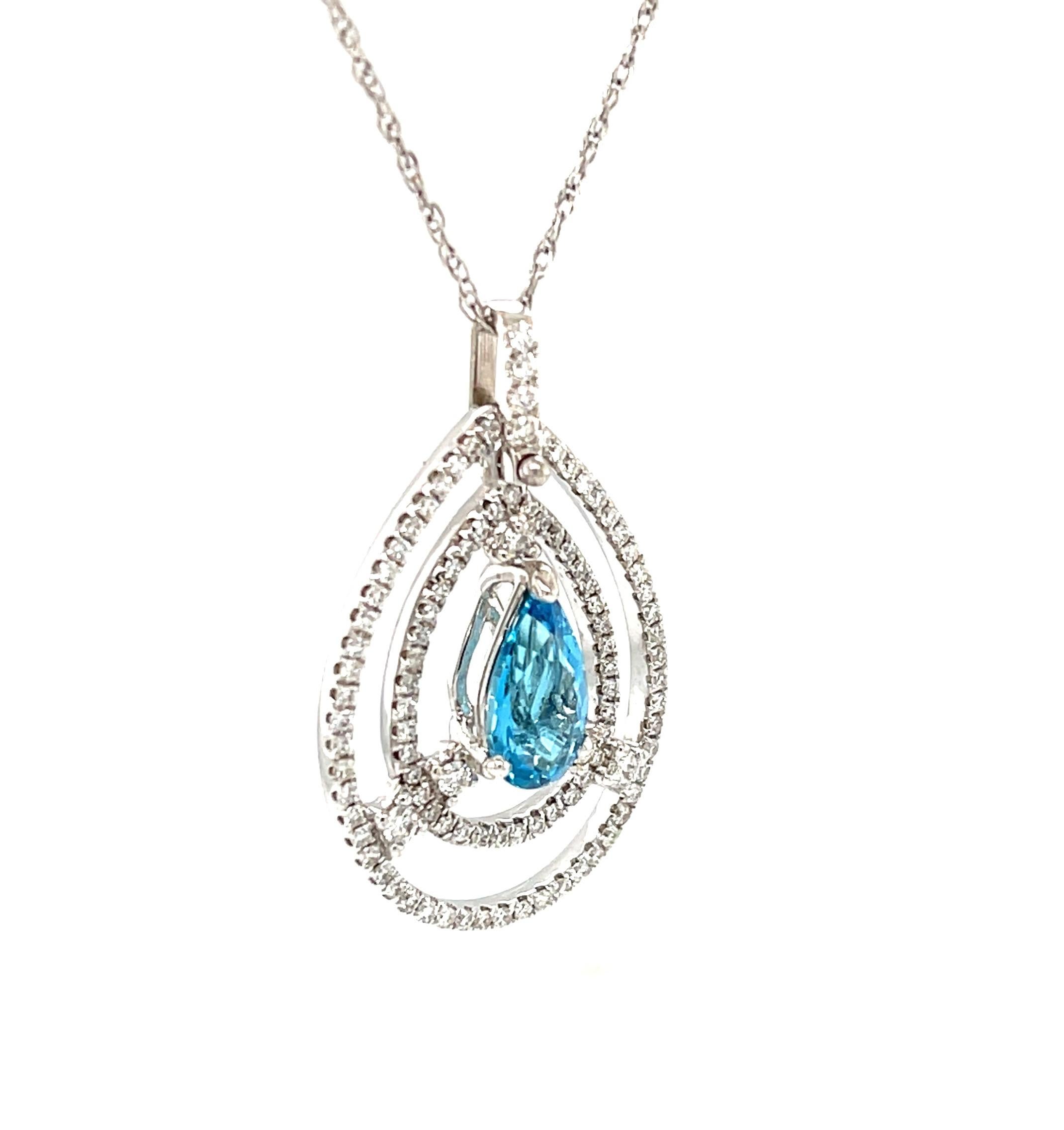 Artisan Pear Shaped Blue Topaz and Diamond Necklace in 18k White Gold For Sale