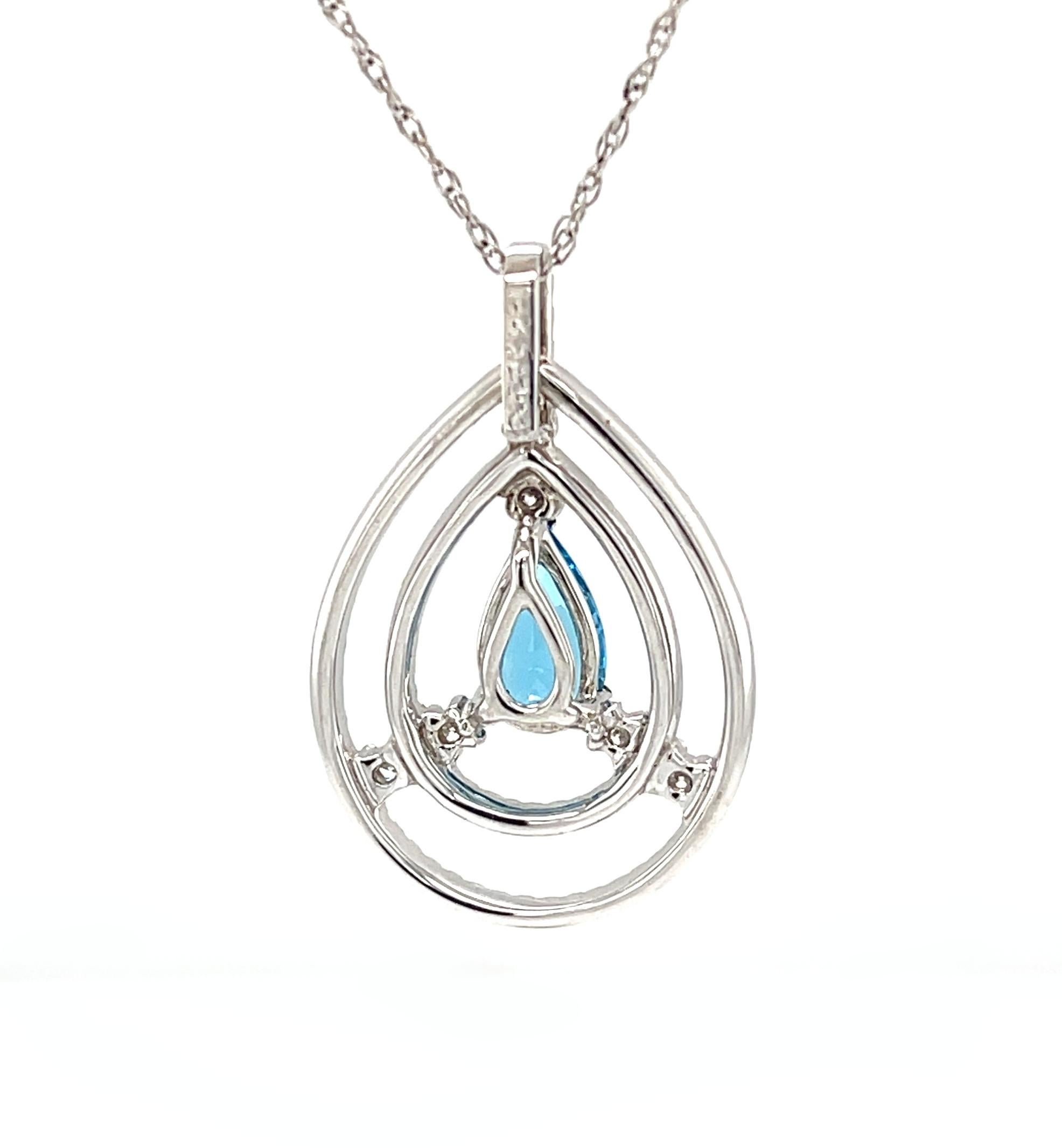 Pear Cut Pear Shaped Blue Topaz and Diamond Necklace in 18k White Gold For Sale