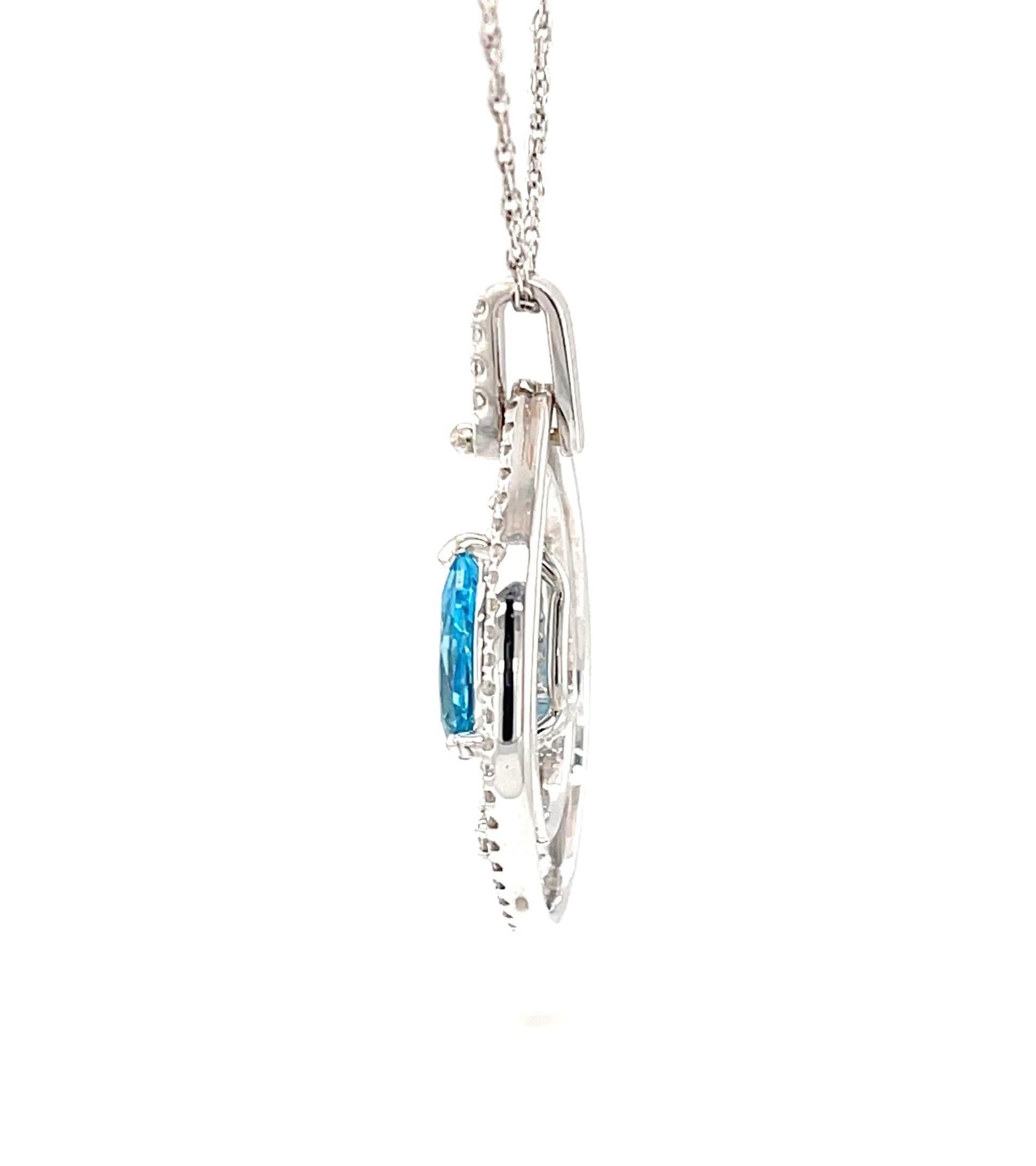 Pear Shaped Blue Topaz and Diamond Necklace in 18k White Gold In New Condition For Sale In Los Angeles, CA