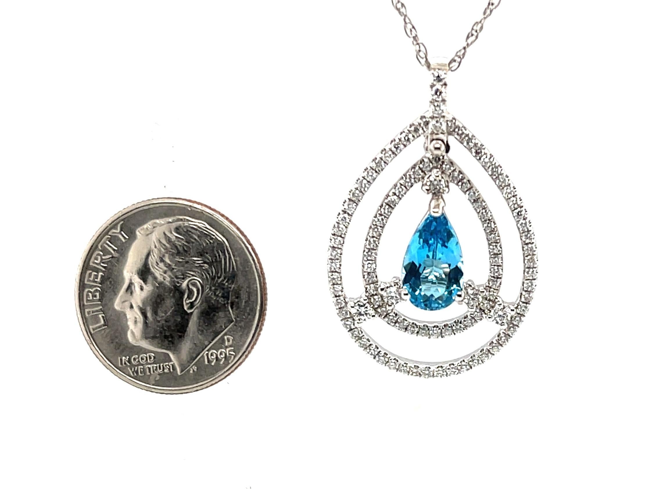 Women's or Men's Pear Shaped Blue Topaz and Diamond Necklace in 18k White Gold For Sale