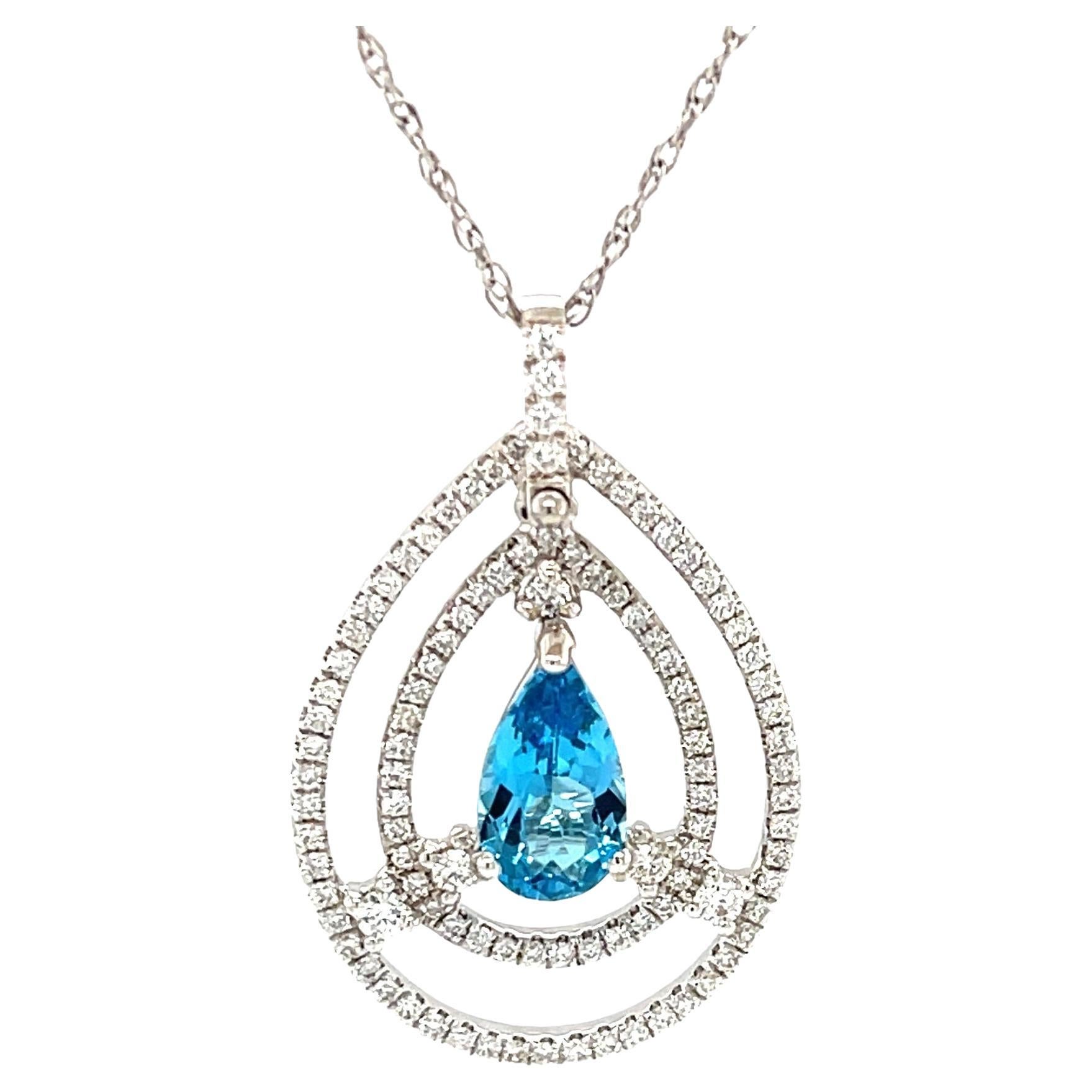 Pear Shaped Blue Topaz and Diamond Necklace in 18k White Gold