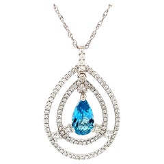 Pear Shaped Blue Topaz and Diamond Necklace in 18k White Gold