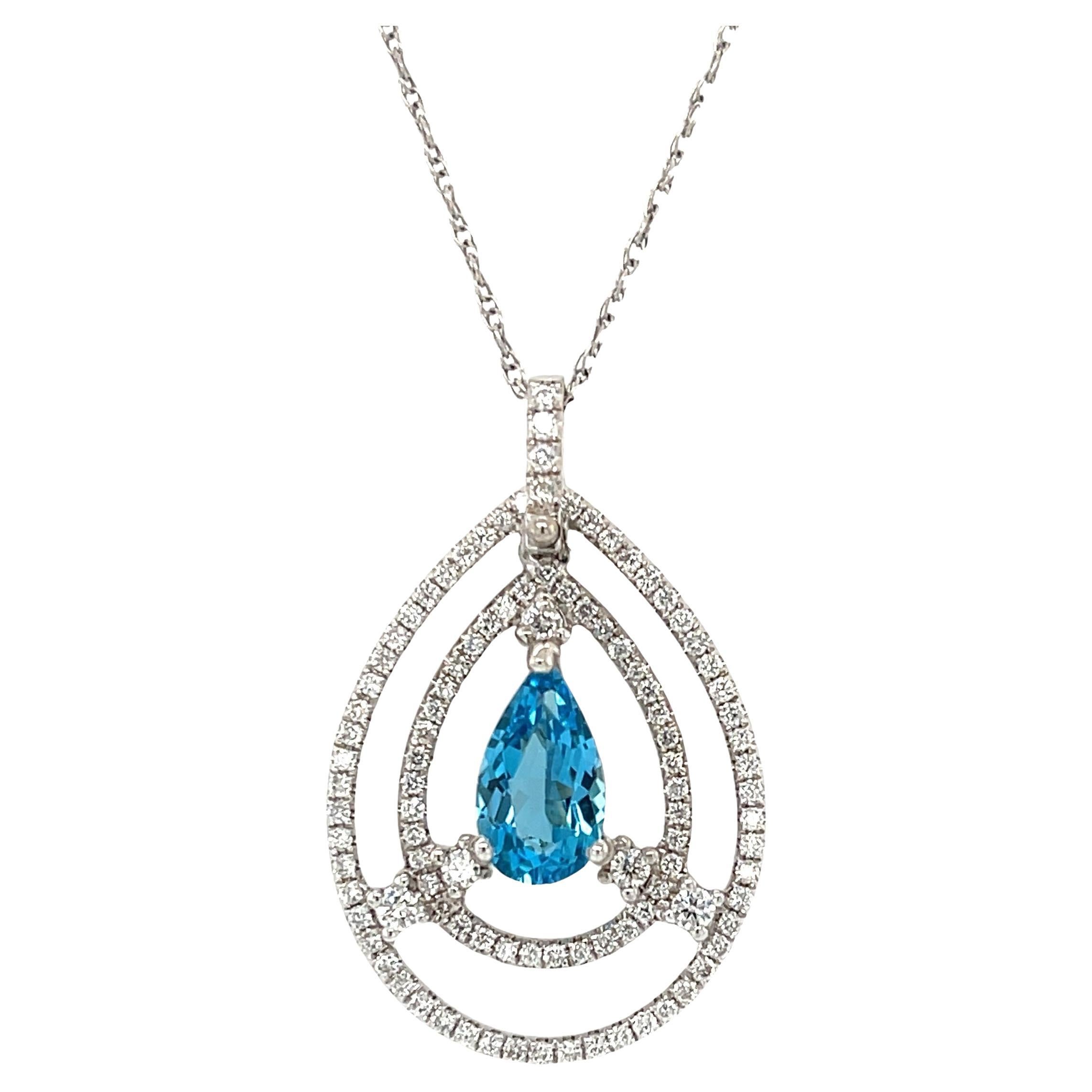Collar de Topacio Azul en Forma de Pera y Diamantes en Oro Blanco de 18k en venta