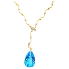 Pear-Shaped Blue Topaz Drop Alternating Wavy Diamond 18k Gold Lariat Necklace