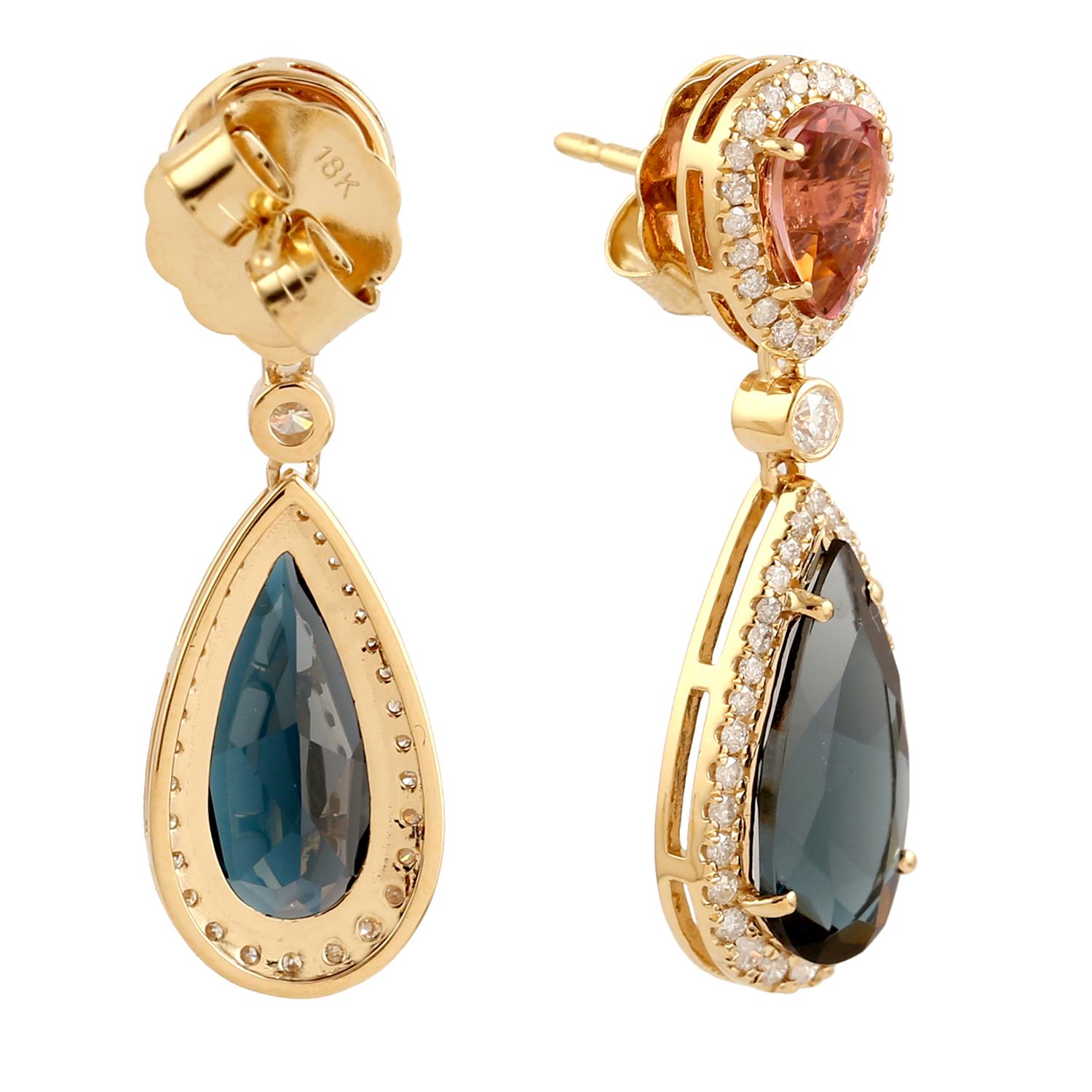 Art Deco Pear Shaped Blue Topaz & Pink Tourmaline Dangle Earrings With Diamonds For Sale