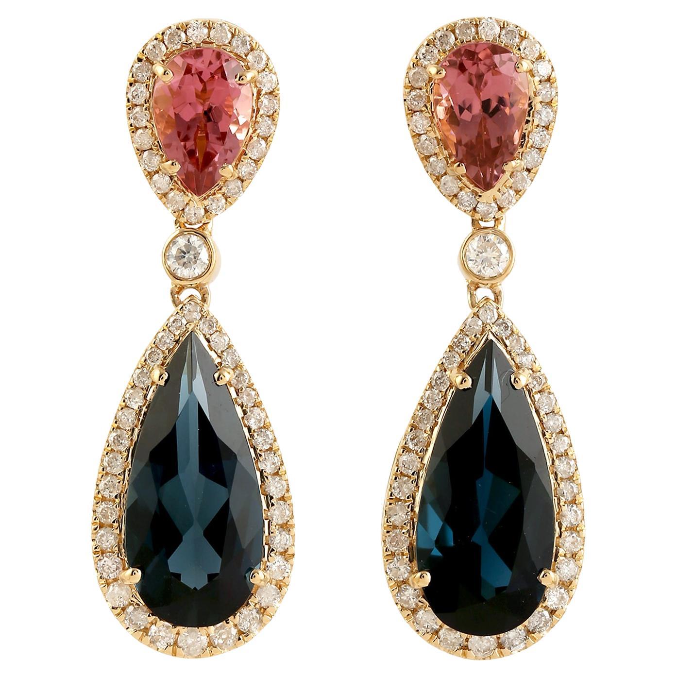 Pear Shaped Blue Topaz & Pink Tourmaline Dangle Earrings With Diamonds For Sale