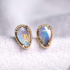 Pear Shaped Boulder Opal Stud Earrings 14K Yellow Gold