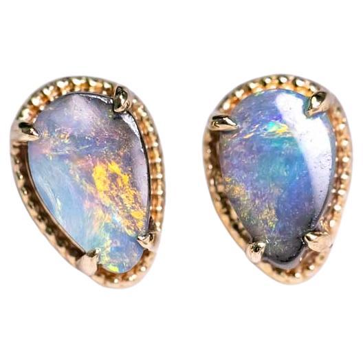 Pear Shaped Boulder Opal Stud Earrings 14K Yellow Gold
