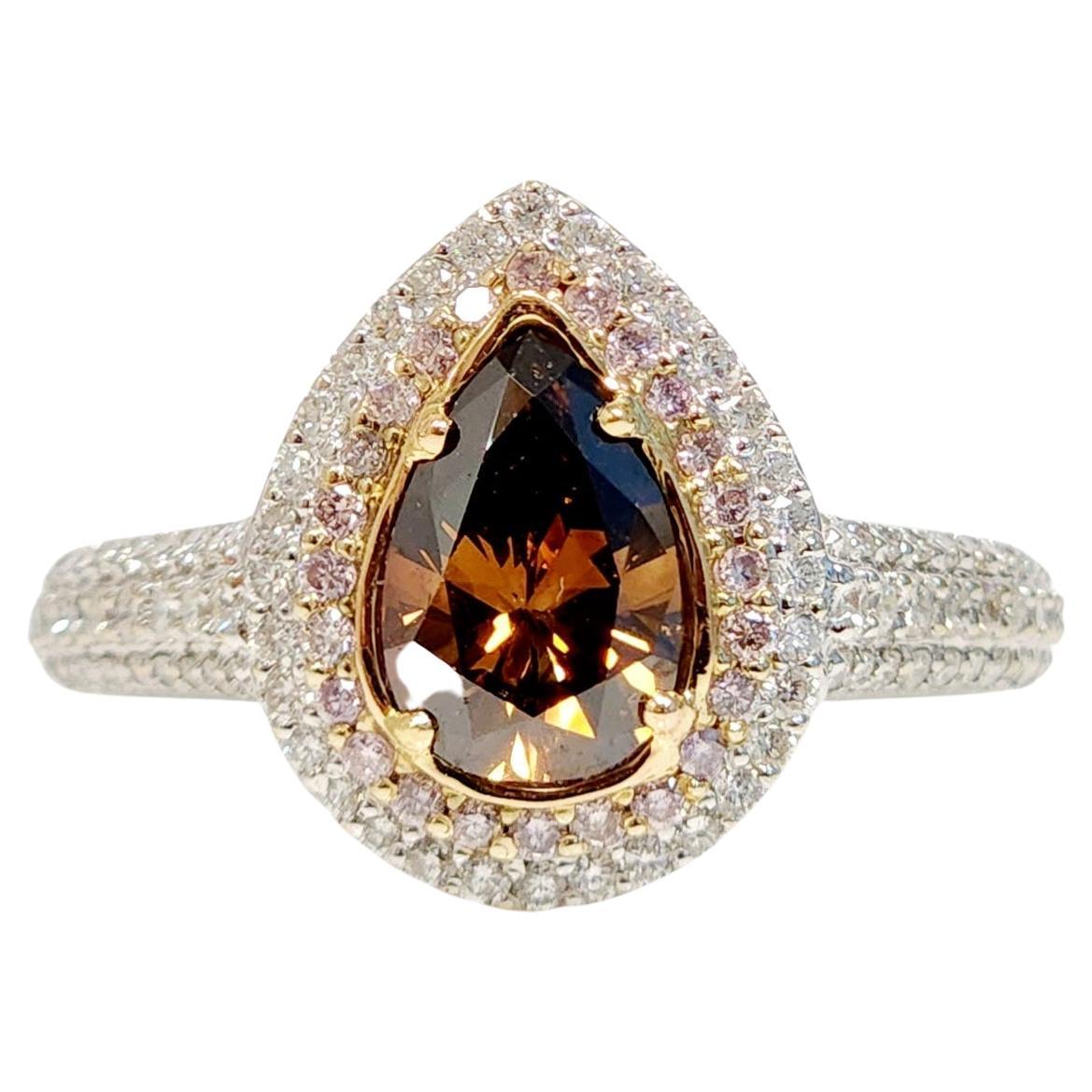  Bague halo de diamants bruns en forme de poire en vente