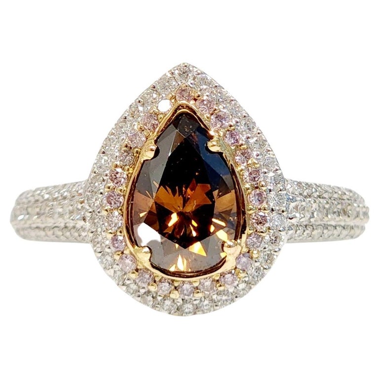 Pear Shaped Brown Diamond Halo Ring For Sale at 1stDibs