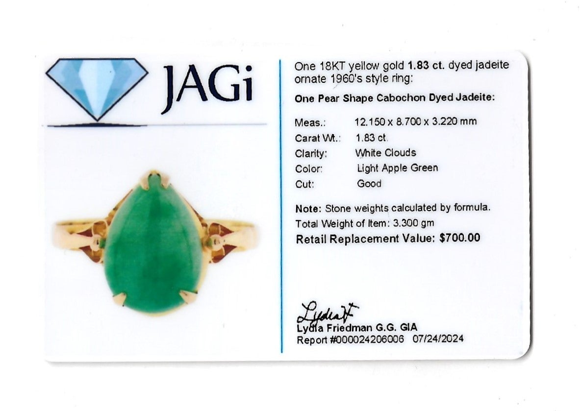 Birnenförmiger Cabochon gefärbter Jadeit Vintage 18 Karat Gelbgold Ring im Angebot 5