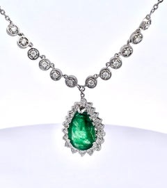 Pear-Shaped Cabochon Emerald & Diamond Halo Pendant Necklace in White Gold