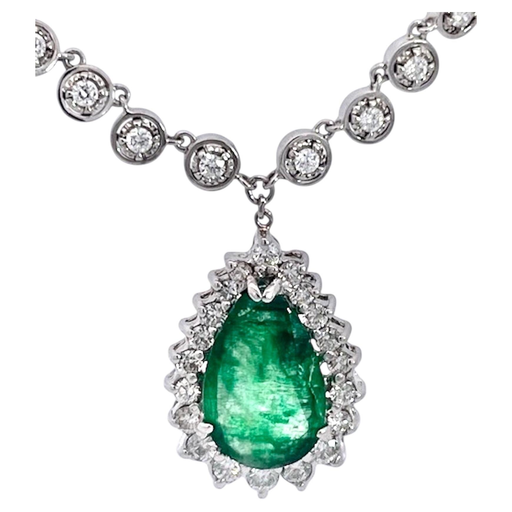 Pear-Shaped Cabochon Emerald & Diamond Halo Pendant Necklace in White Gold