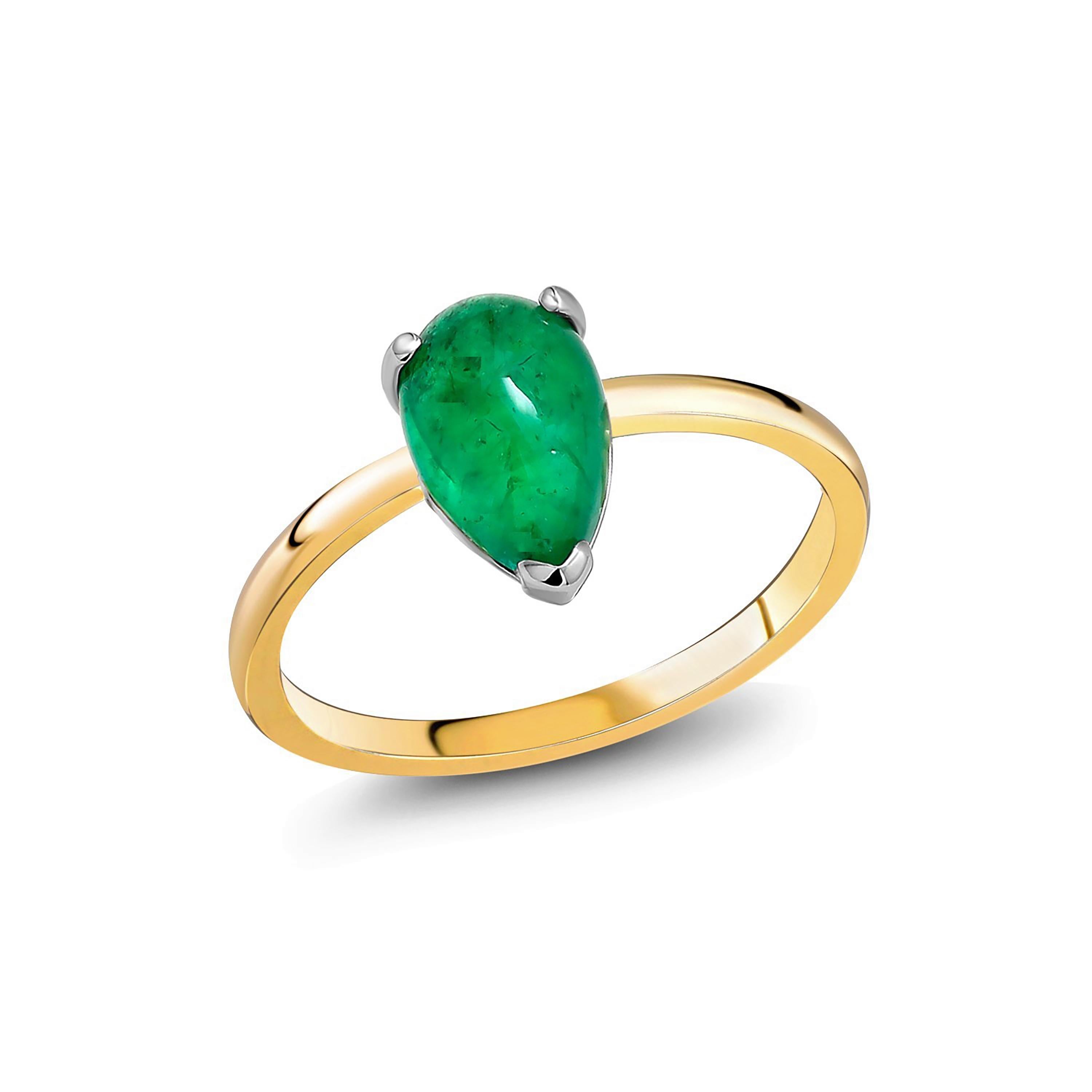 Pear Cut Pear Shaped Cabochon Emerald Solitaire Yellow Gold Cocktail Ring