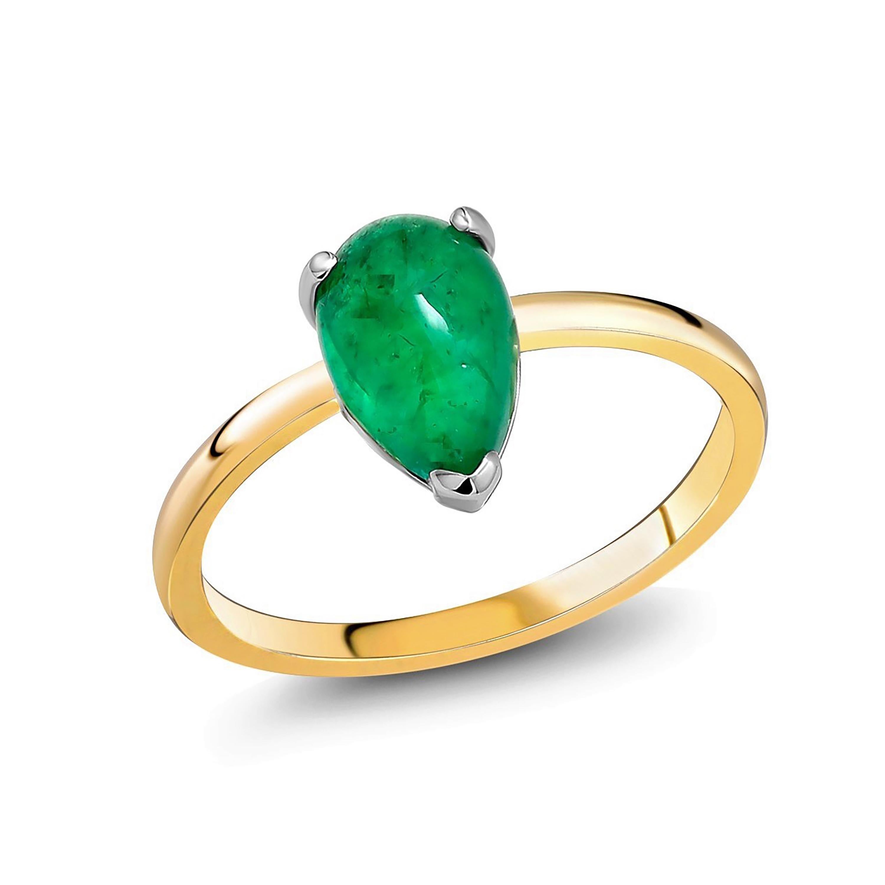 Women's Pear Shaped Cabochon Emerald Solitaire Yellow Gold Cocktail Ring
