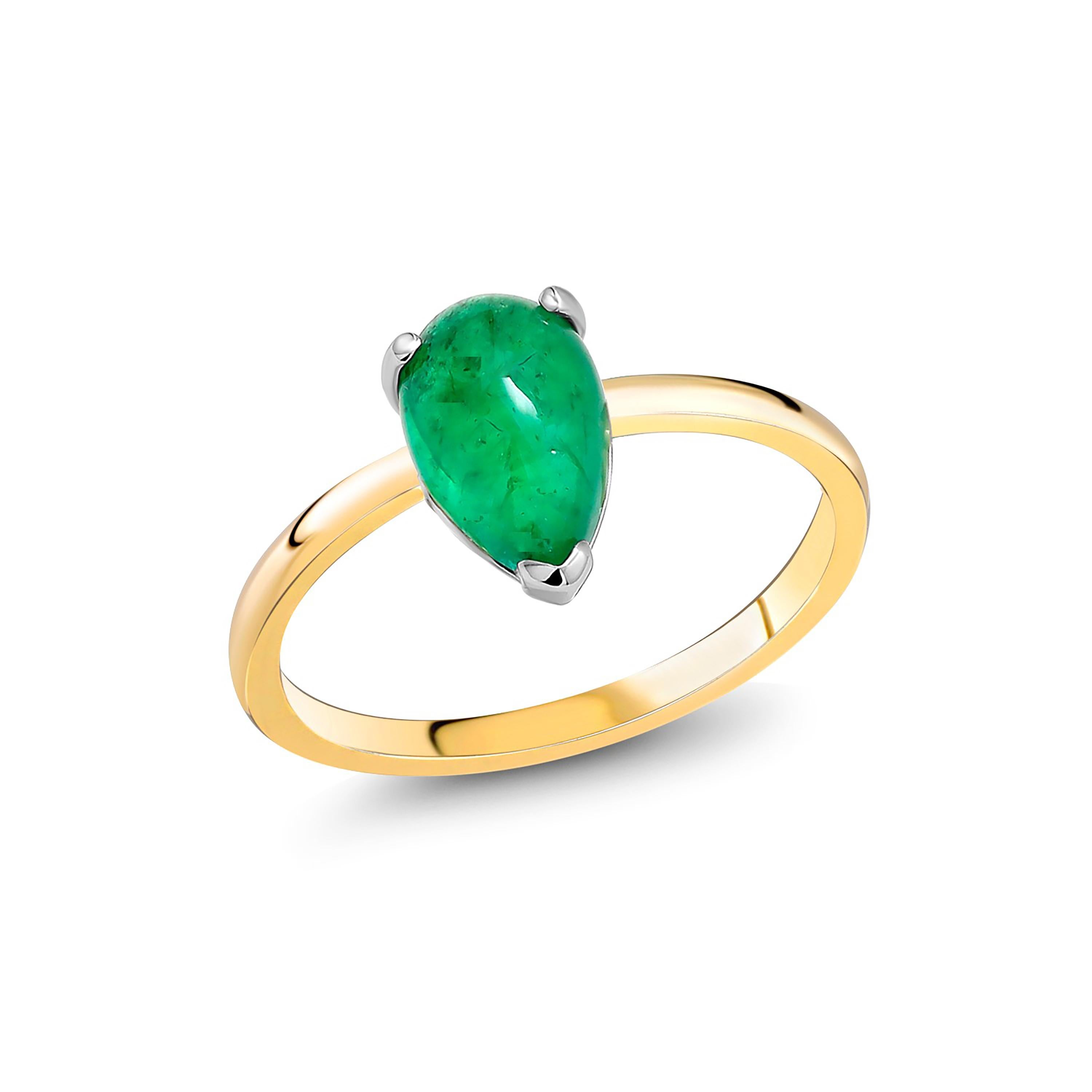 Pear Shaped Cabochon Emerald Solitaire Yellow Gold Cocktail Ring 1