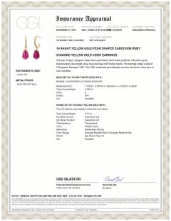 Yellow Gold Pear Shaped Burma Cabochon Ruby Diamond Hoop 1.5 Inch Long Earrings