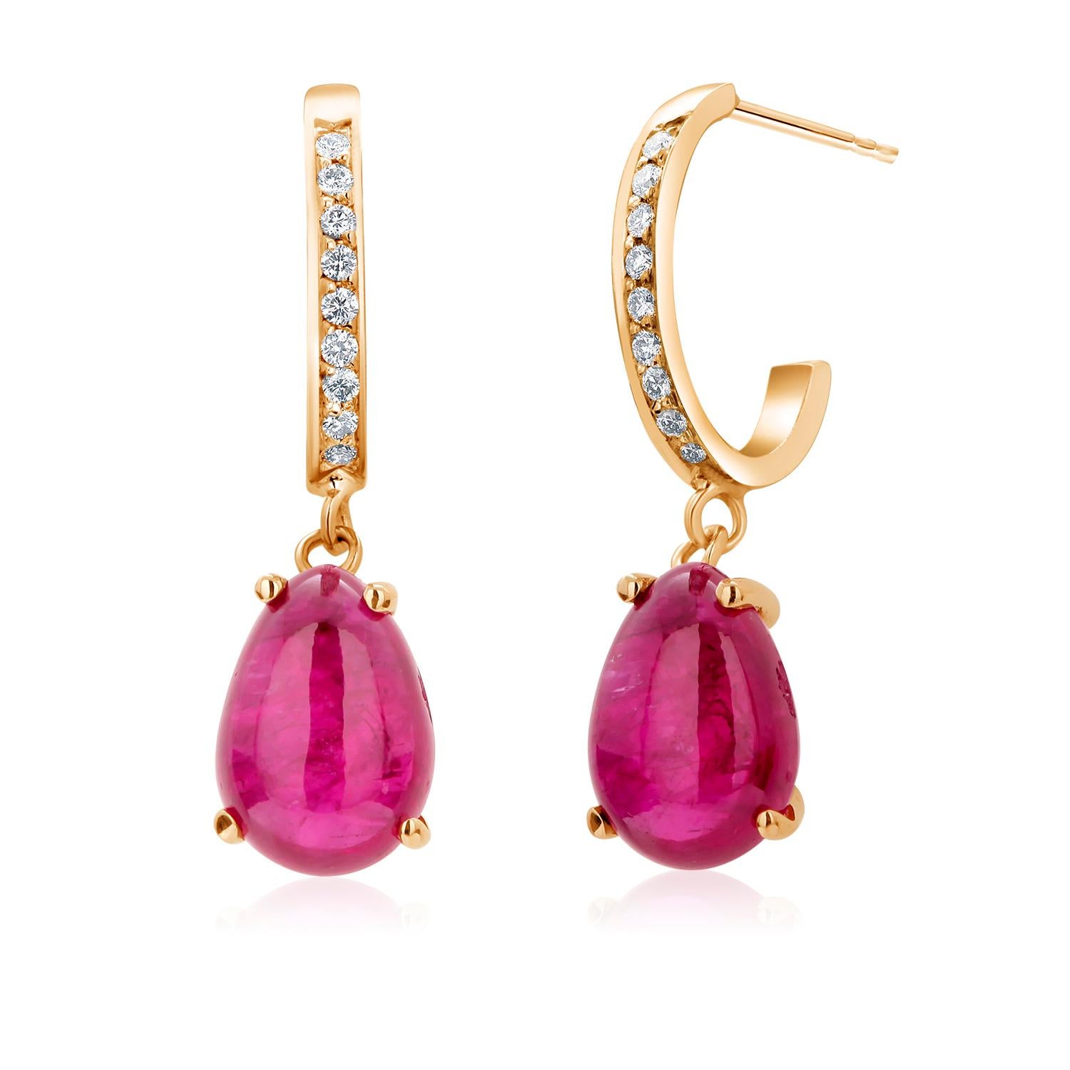 Yellow Gold Pear Shaped Burma Cabochon Ruby Diamond Hoop 1.5 Inch Long Earrings  In New Condition In New York, NY