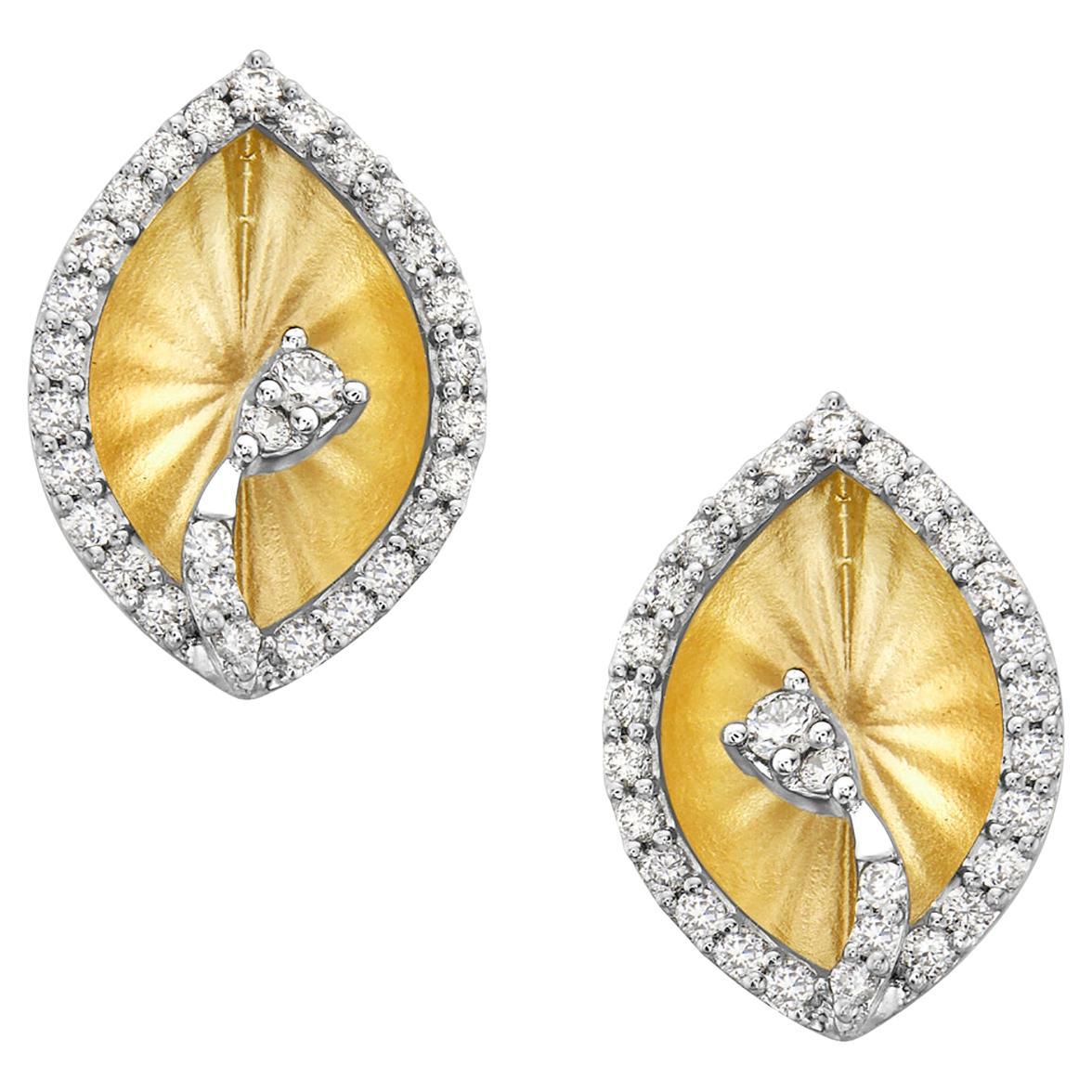 Pear Shaped Carved Stud Earrings Made in 14k Yellow Gold with Diamonds on Border For Sale