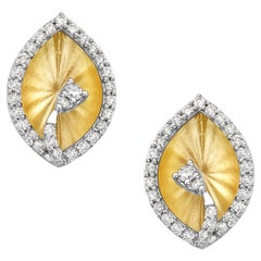 Pear Shaped Carved Stud Earrings Made in 14k Yellow Gold with Diamonds on Border