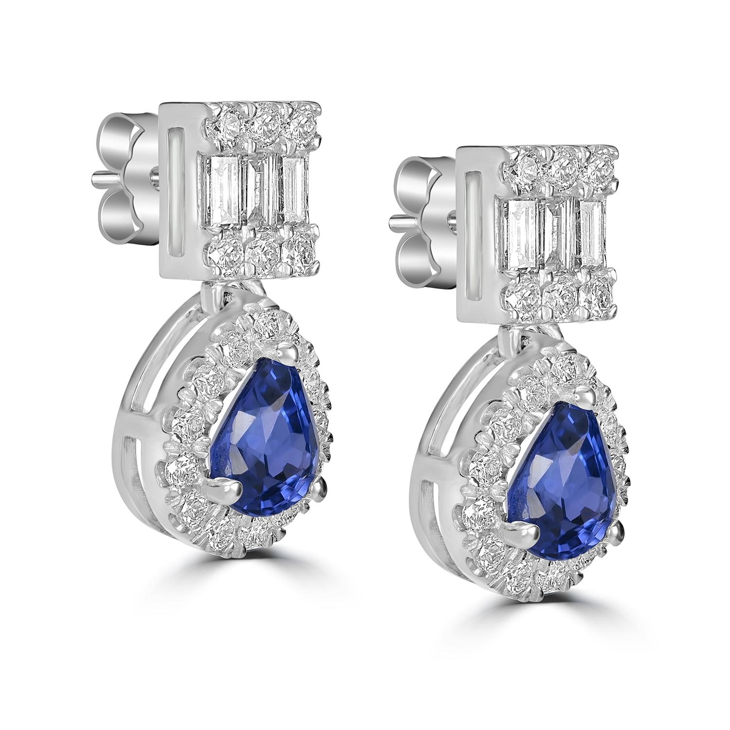 Art Déco Orecchini minimal a forma di pera con zaffiro blu di Ceylon e diamanti in 18 carati in vendita