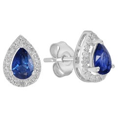 Pear Shaped Ceylon Blue Sapphire Minimal Studs Studded With Diamonds in 18k Gold