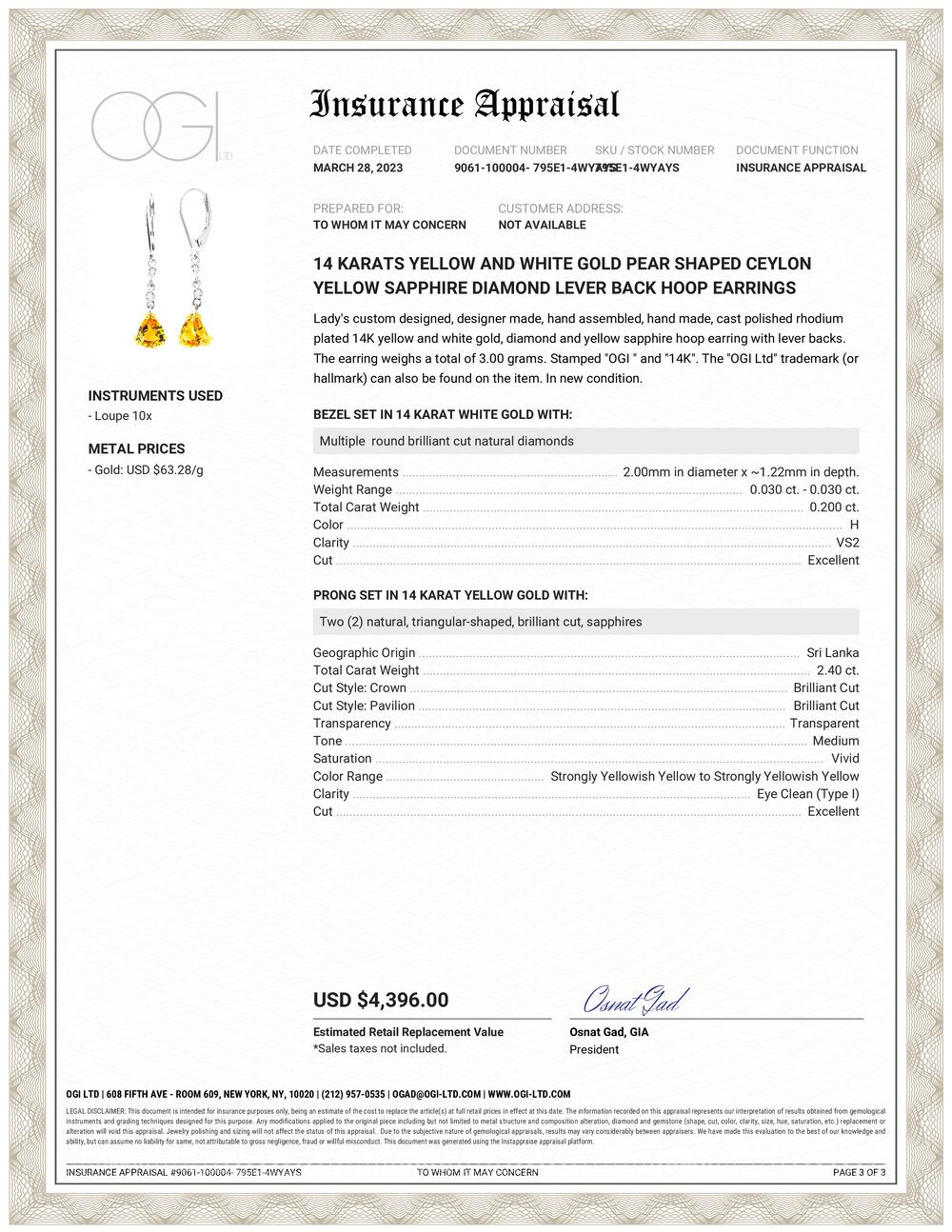 Tropfenohrringe aus vierzehn Karat Weiß- und Gelbgold 
Zwei perfekt aufeinander abgestimmte birnenförmige gelbe Ceylon-Saphire von 2,40 Karat 
Diamanten mit einem Gewicht von 0,20 Karat
Ohrringe messen 1,42