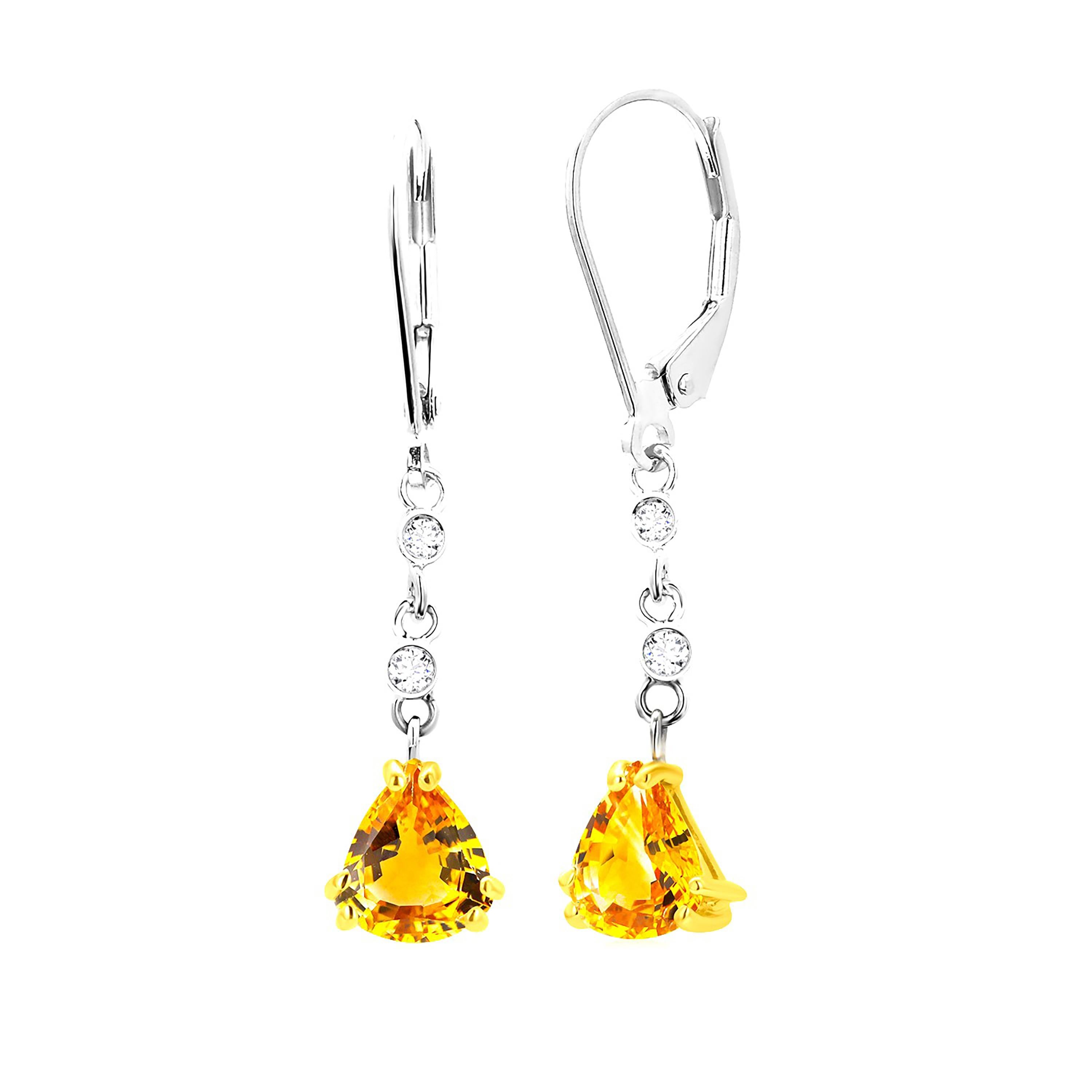 Ohrringe in Birnenform mit gelbem Ceylon-Saphir und Diamant in Gold mit Hebelverschluss 2