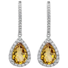 Pear Shaped Citrine and Diamond Halo Drop Earrings