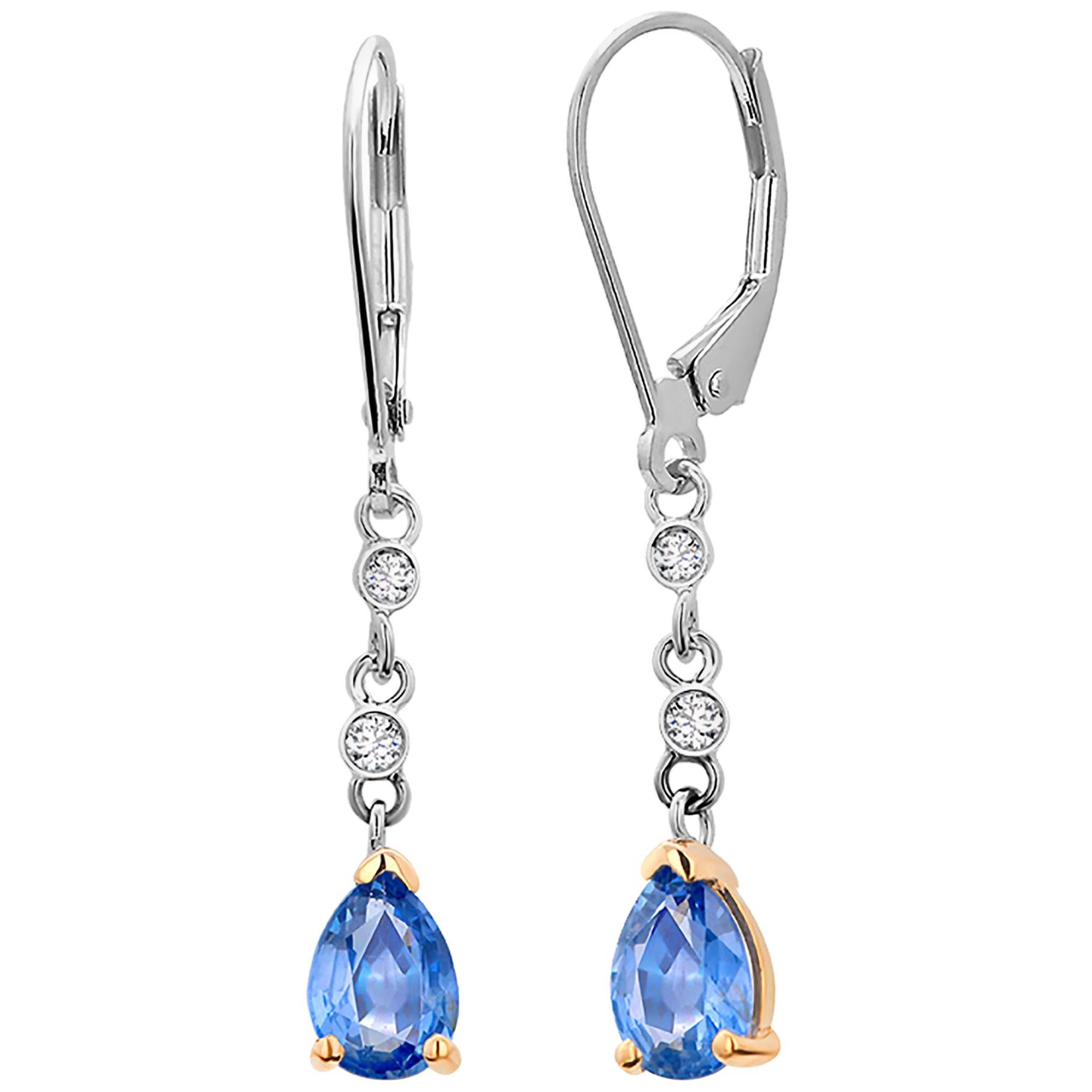 Pear Shaped Cornflower Light Blue Sapphire Diamond Drop Hoop Gold Earrings