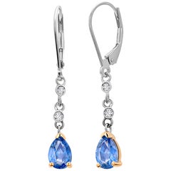 Pear Shaped Cornflower Light Blue Sapphire Diamond Drop Hoop Gold Earrings