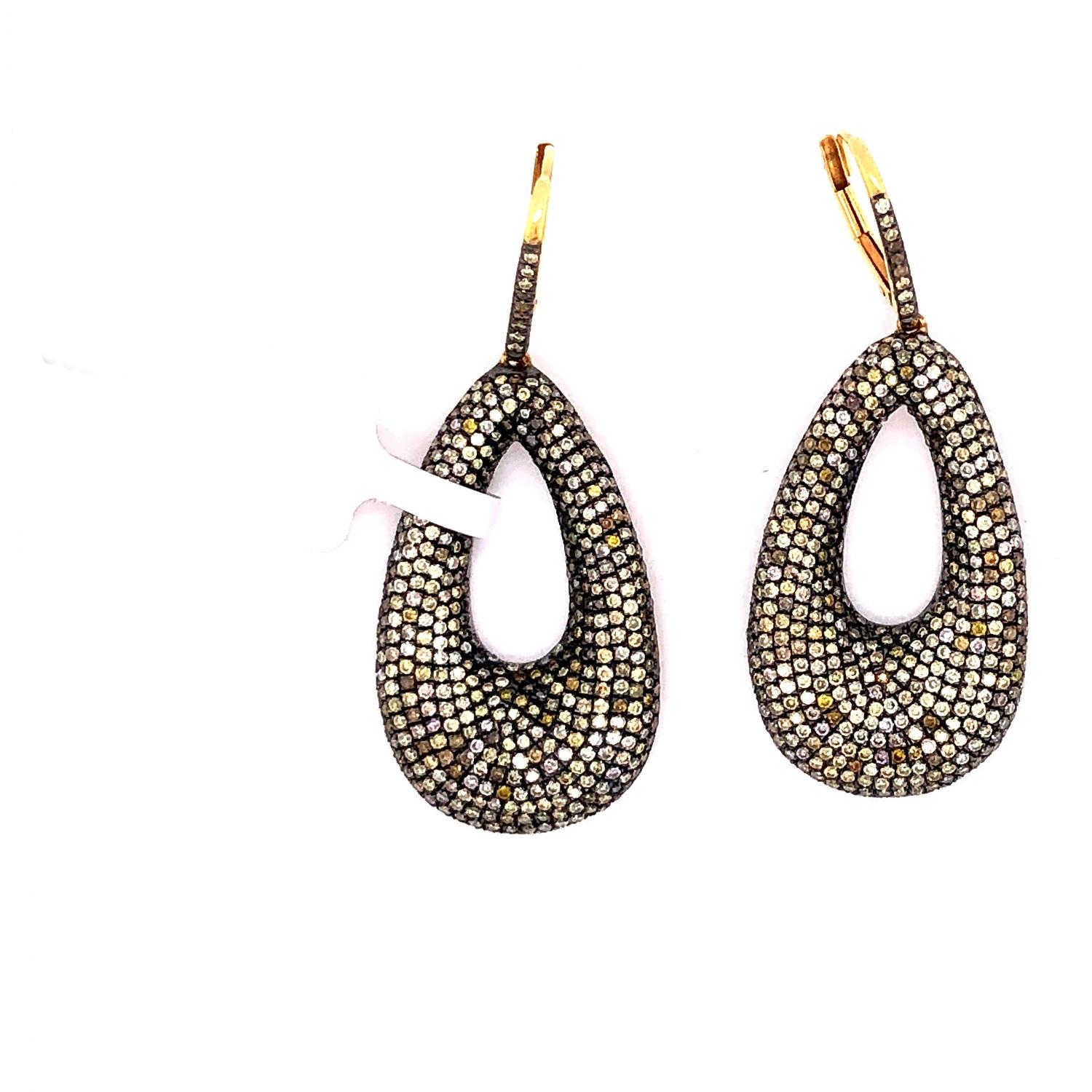 Mixed Cut Pear Shaped Dangle Earrings Accented With Pave Diamonds In 18k Gold & Silver For Sale