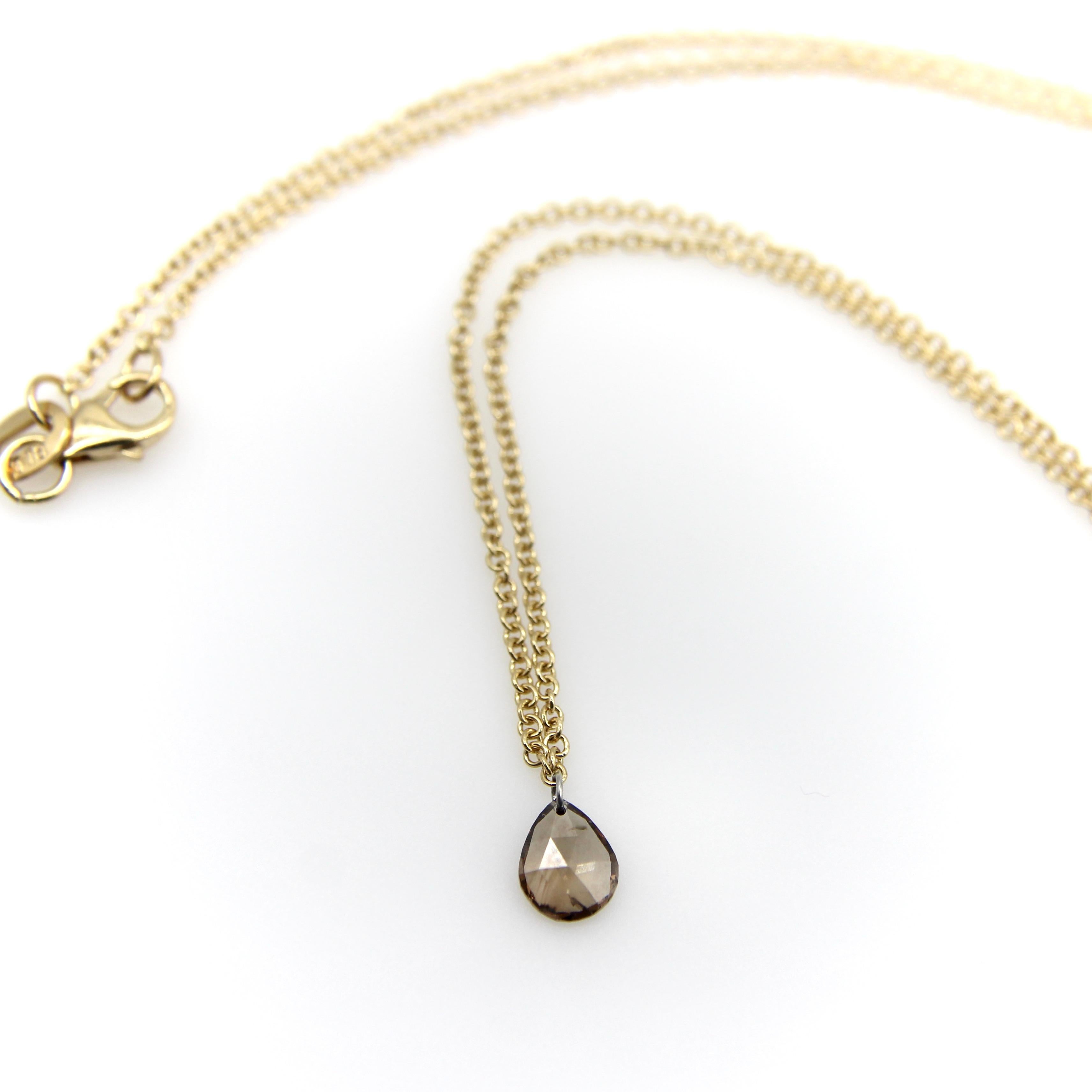 Contemporary Pear Shaped Dangling Chocolate Rose Cut Diamond on 18K Gold Chain  For Sale