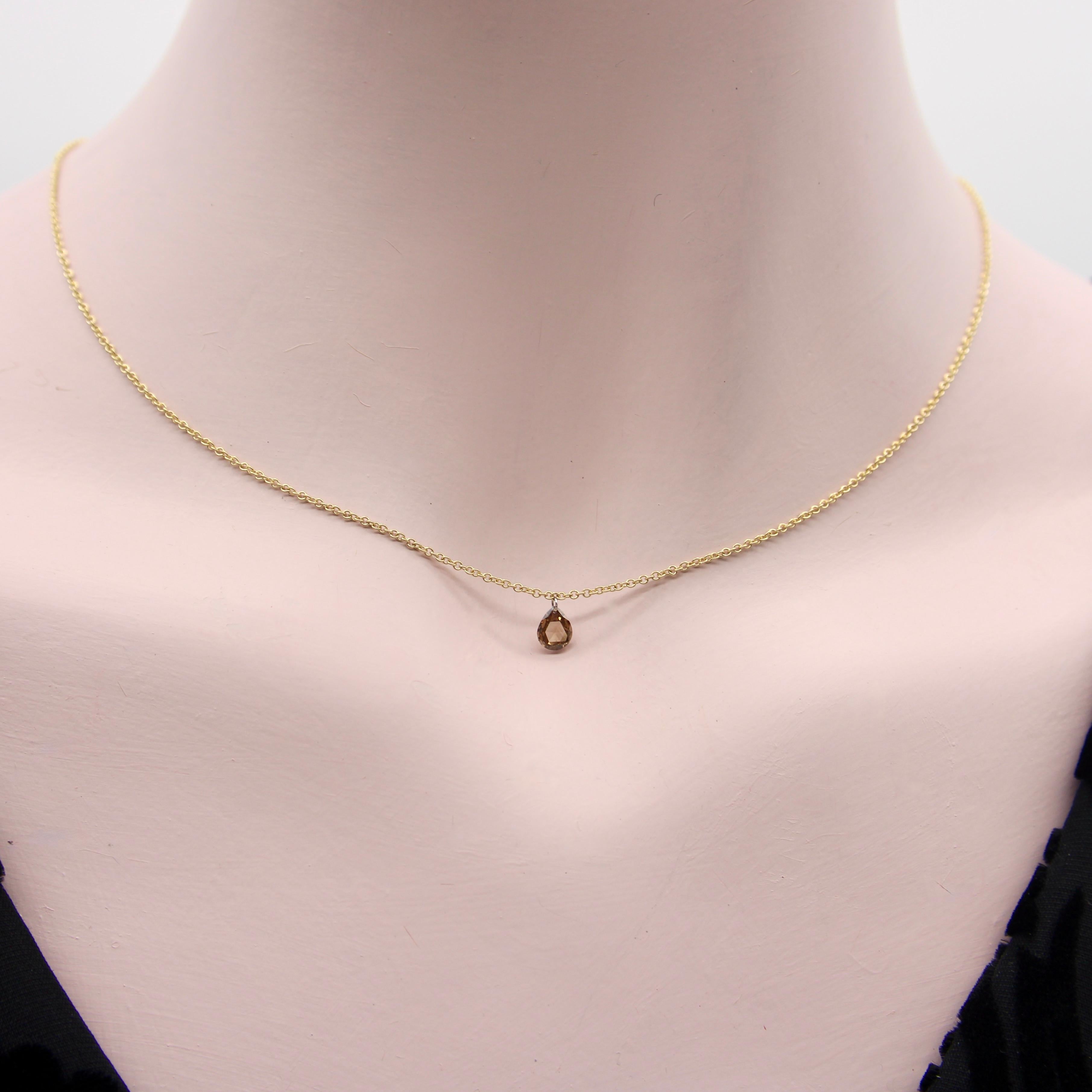 Pear Shaped Dangling Chocolate Rose Cut Diamond on 18K Gold Chain  For Sale 2