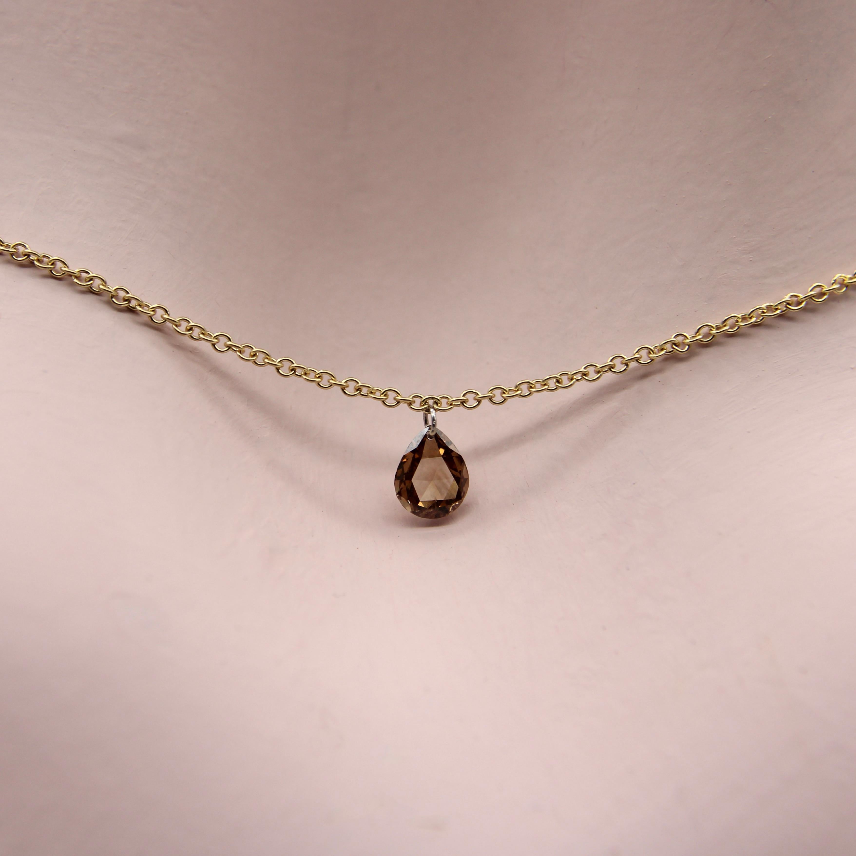 Pear Shaped Dangling Chocolate Rose Cut Diamond on 18K Gold Chain  For Sale 3