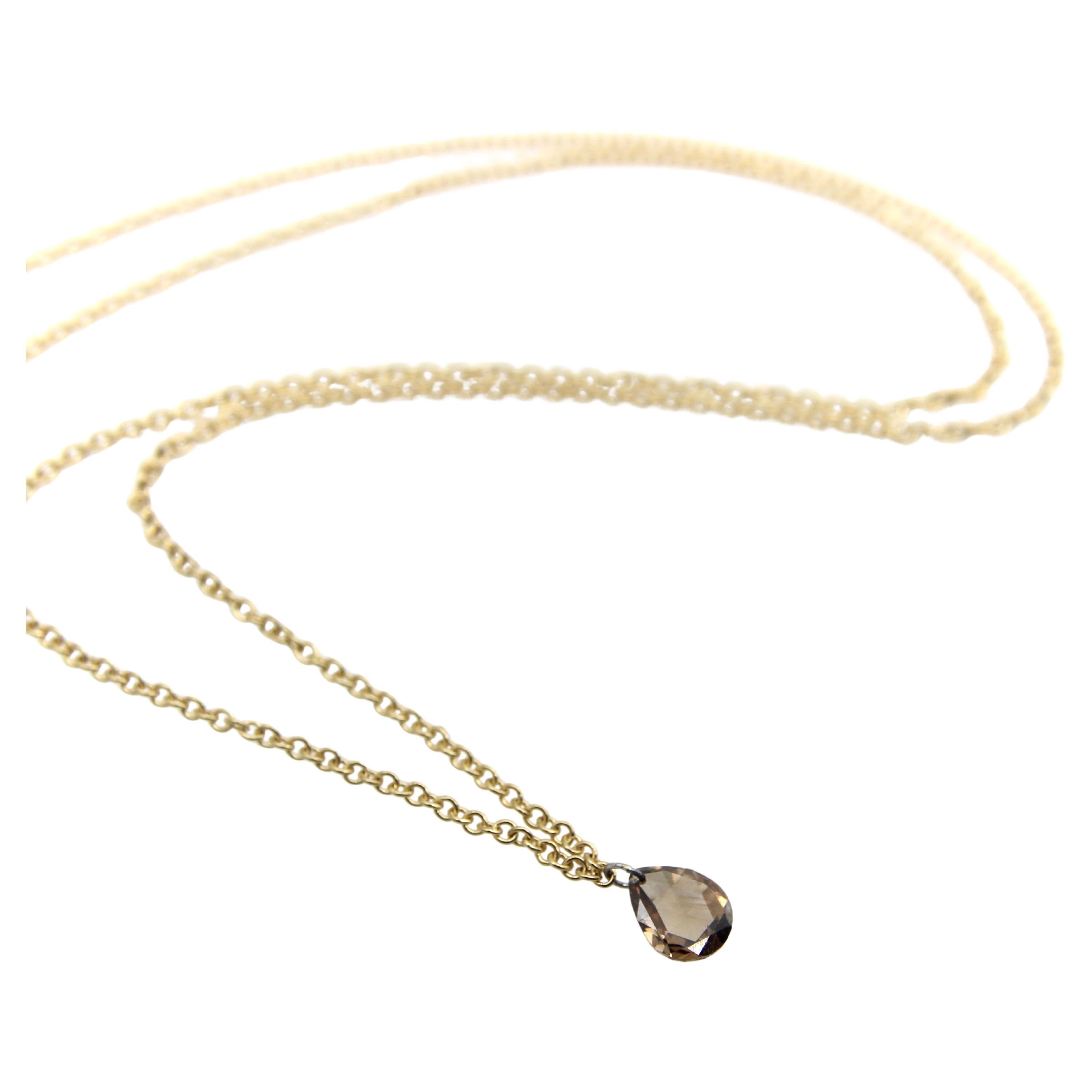 Pear Shaped Dangling Chocolate Rose Cut Diamond on 18K Gold Chain  For Sale