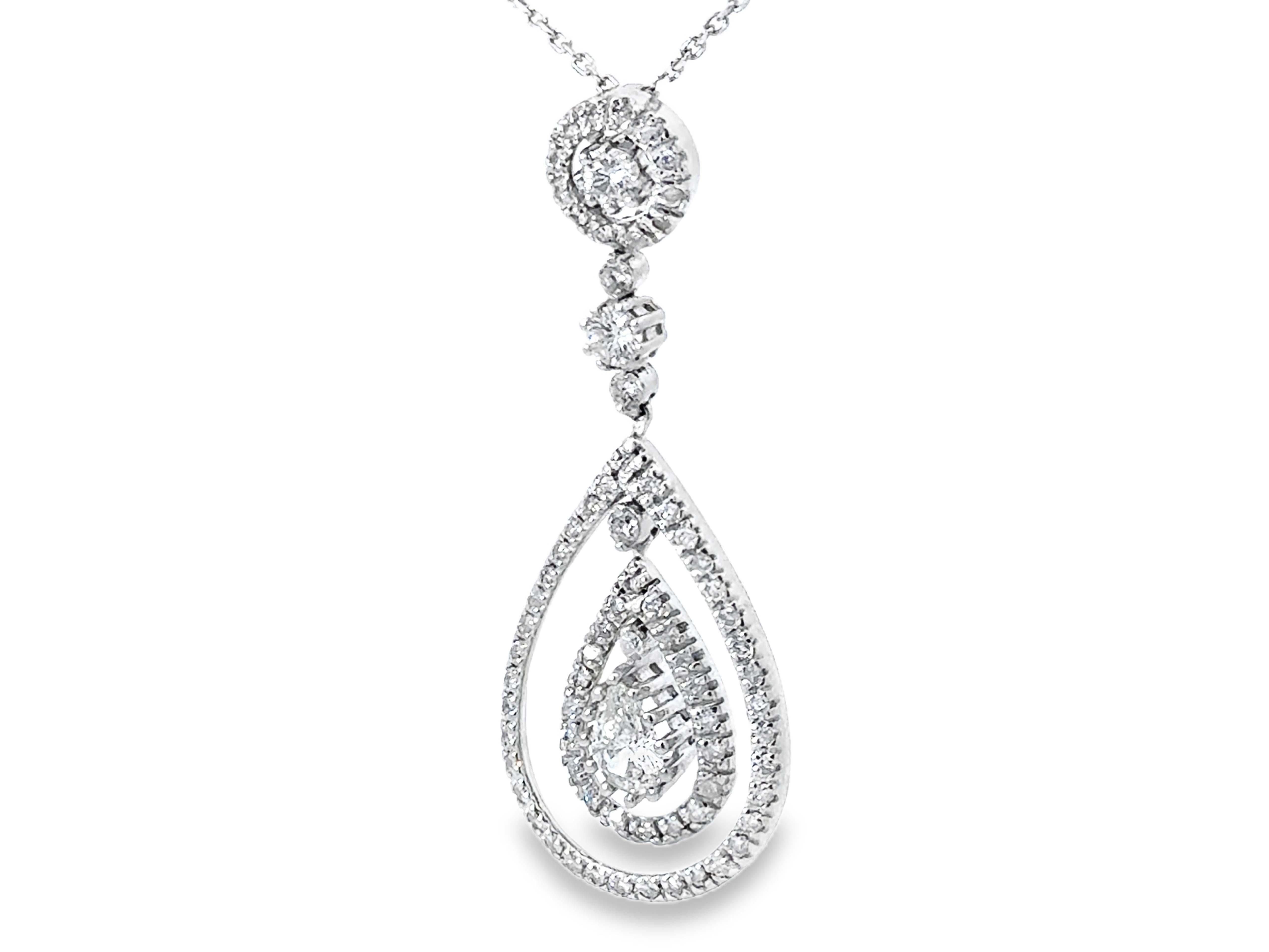 Taglio a goccia Collana a goccia con diamante a forma di pera e aureola in oro bianco 14k in vendita
