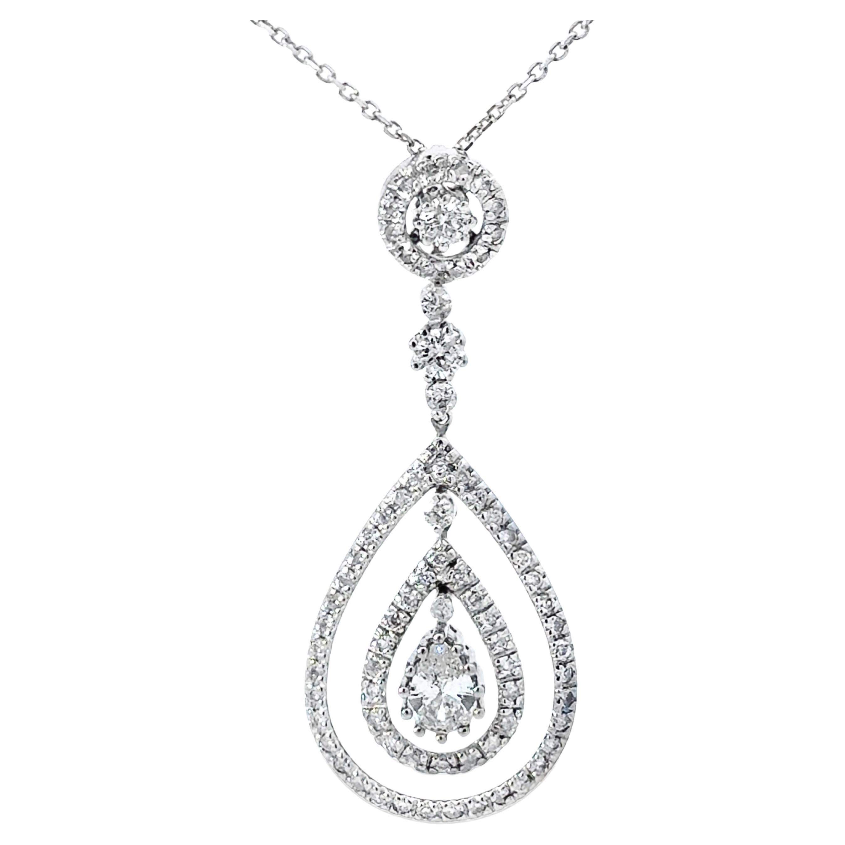 Pear Shaped Dangly Diamond Diamond Halo Drop Necklace 14k White Gold