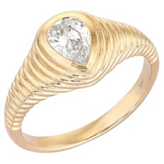Pear Shaped Diamond 14K (or 18k upon request) Yellow Gold Ribbed Dome Ring