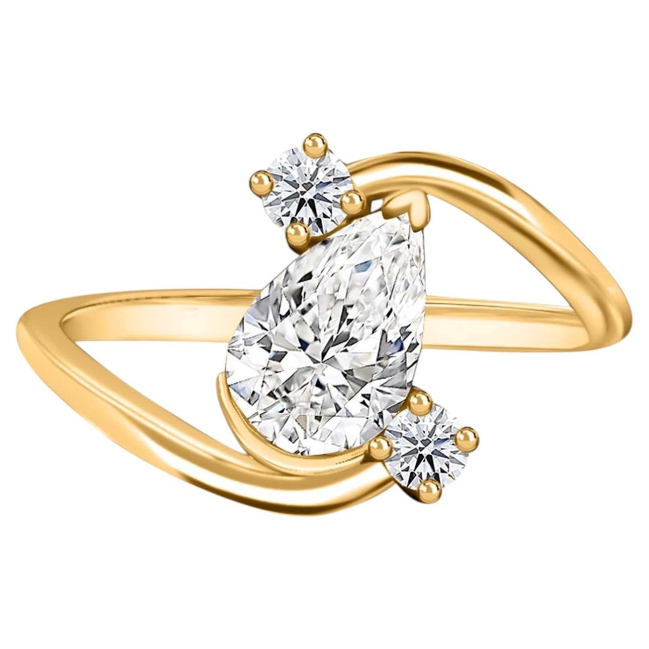 Pear Shaped Diamond 18K Yellow Gold Solitaire Ring Fine Diamond Jewelry