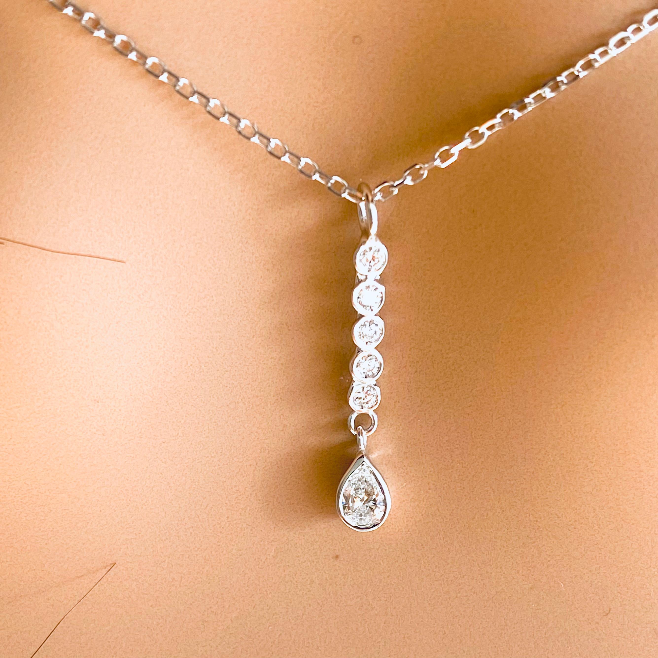 Contemporary Pear Shaped Diamond and Diamond Lariat Drop White Gold Necklace Pendant