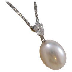 Pear Shaped Diamond and Pearl Pendant with Platinum Spiga Link Chain