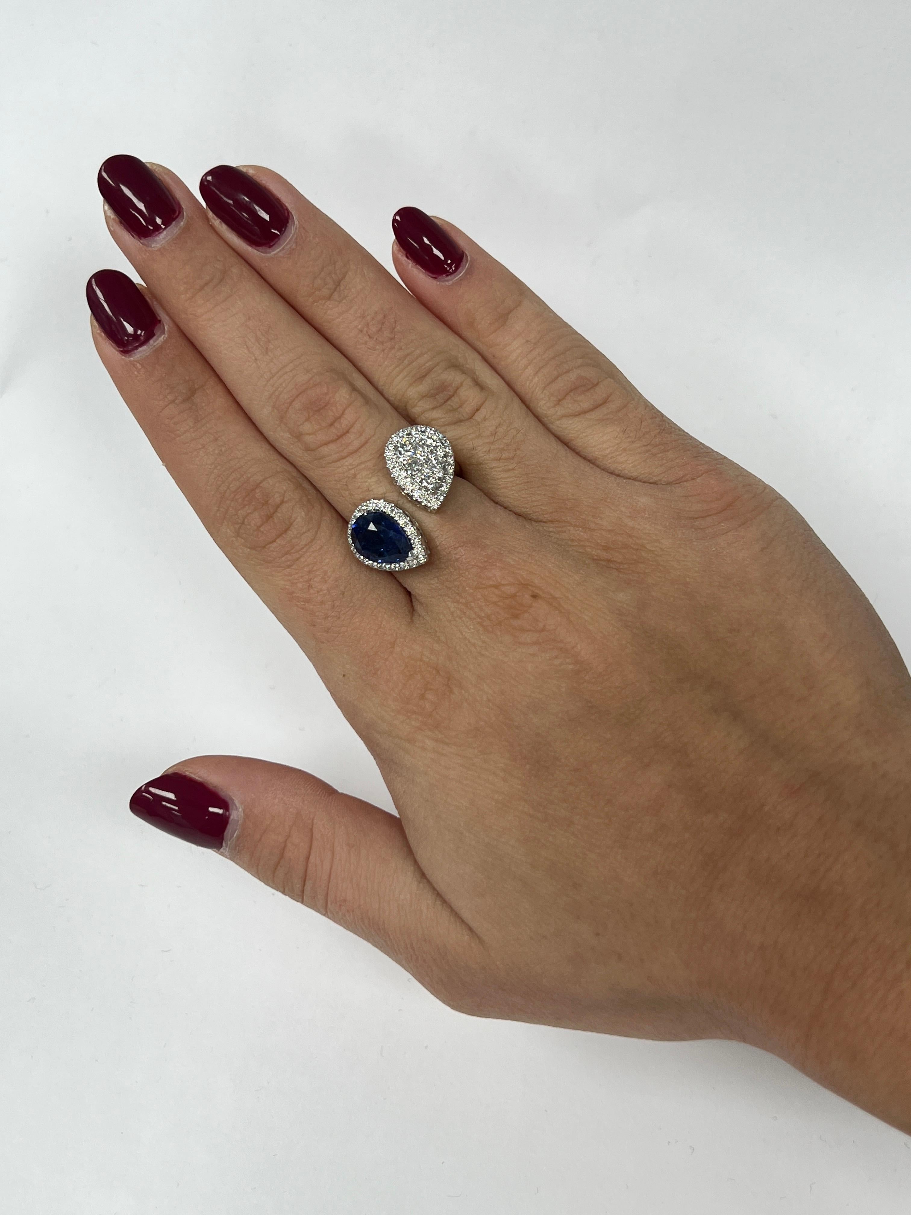 Women's Pear Shaped Diamond and Sapphire Ring For Sale