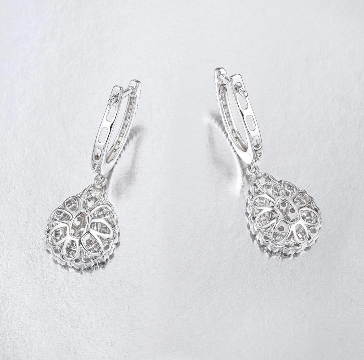 Contemporary Pear Shaped Diamond Cluster Dangle Earrings in White Gold For Sale