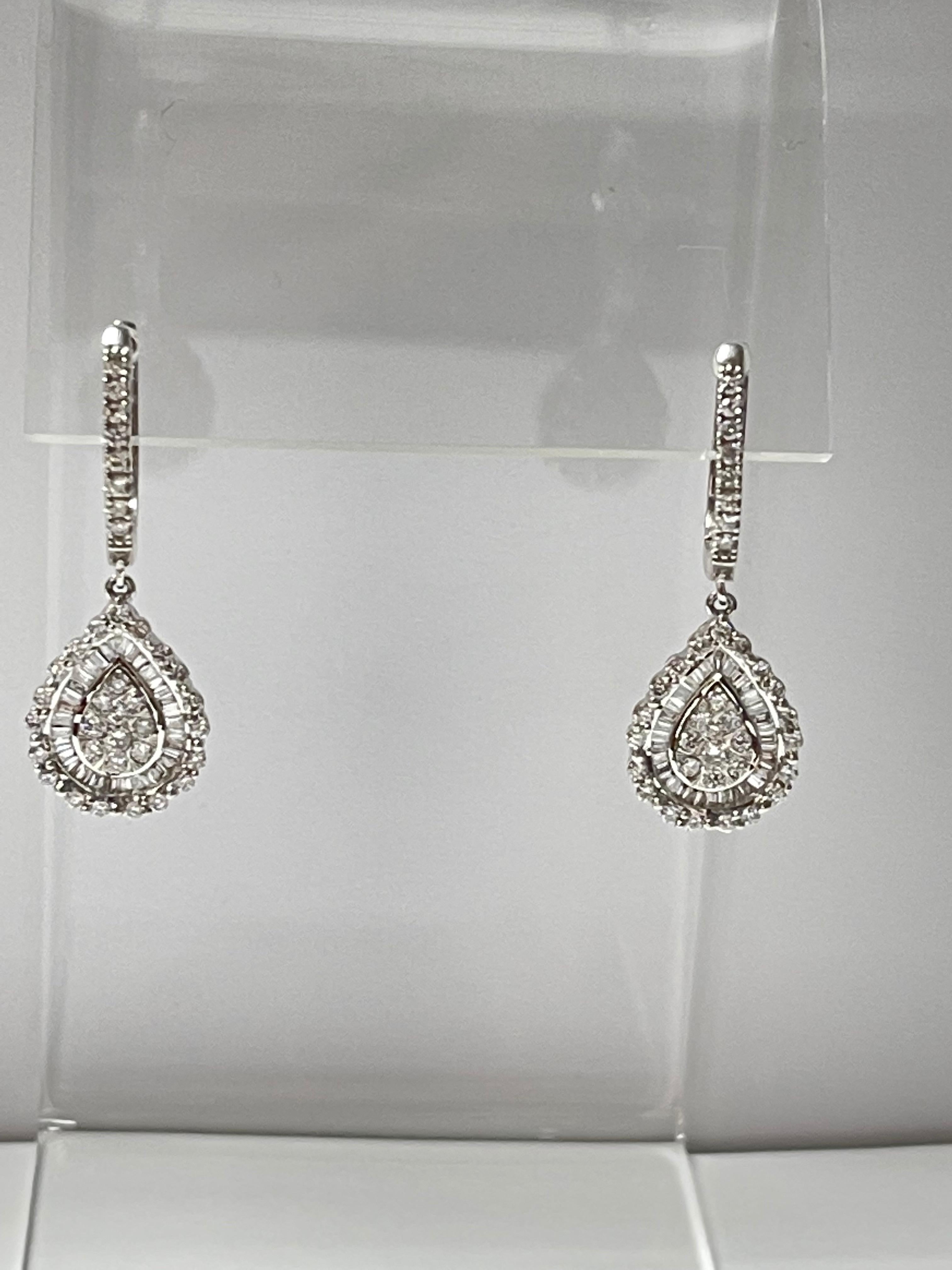 Baguette Cut Pear Shaped Diamond Cluster Dangle Earrings in White Gold For Sale
