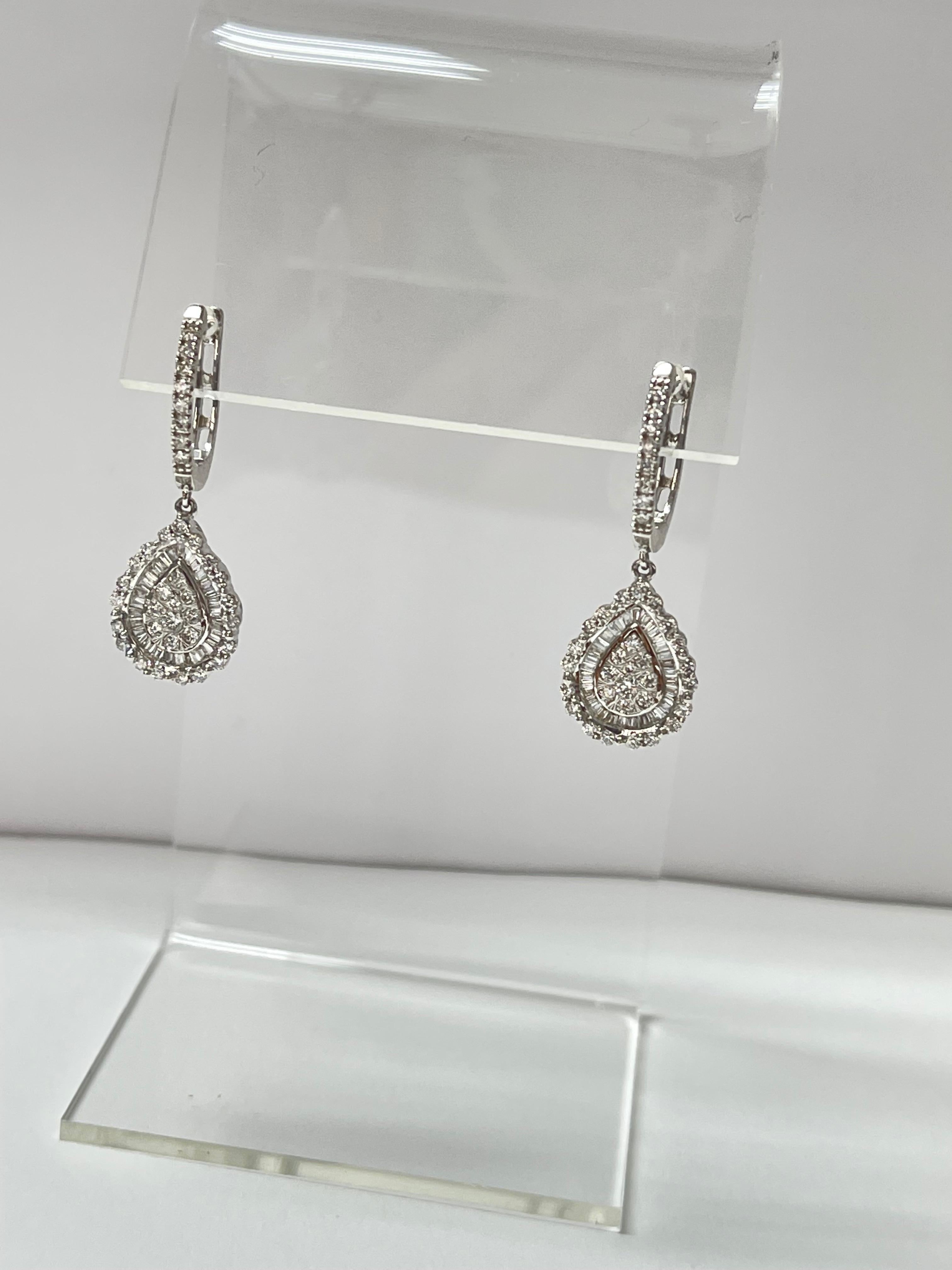 Pear Shaped Diamond Cluster Dangle Earrings in White Gold For Sale 1
